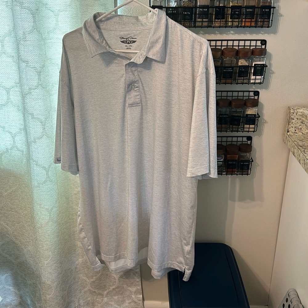 Heather gray golf polo.
